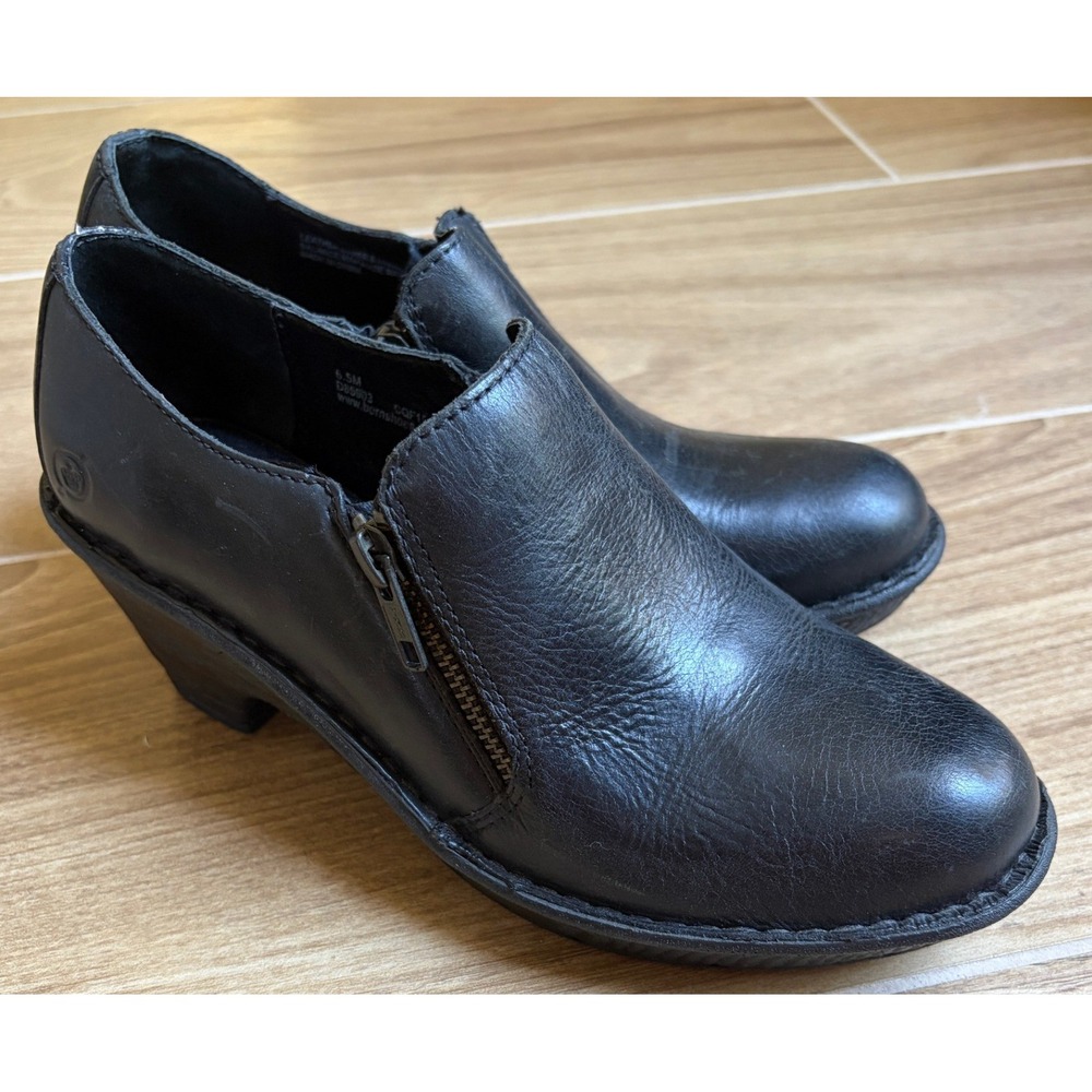 Born Womens Leather Side Zip Ankle Bootie Size 6.5 Black Comfort Heel Clogs